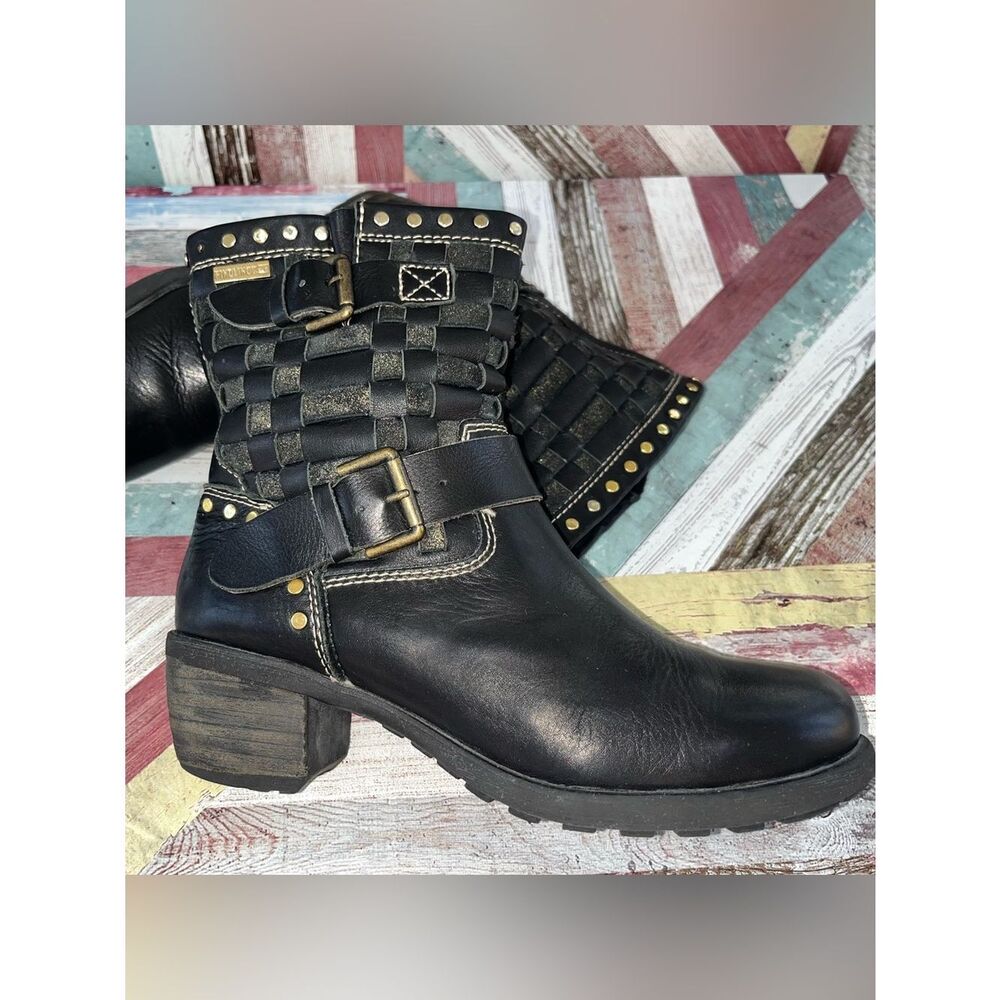 Pikolinos Le Mans Braided Leather Boots Buckled Black/Gold Leather EUC SZ 7